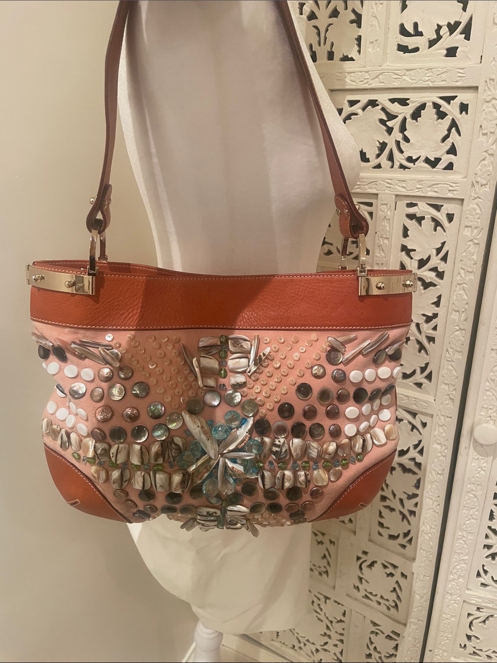 Oscar de la Renta Pink suede tan trim  , pearlized shell  shoulder bag